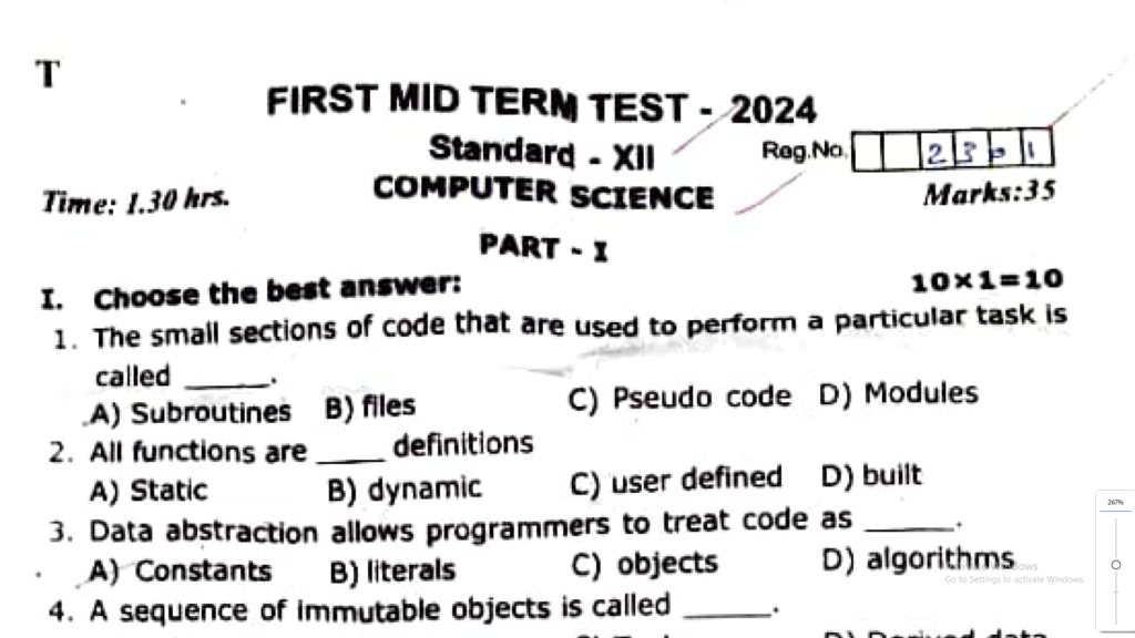 12th Computer Science First Mid Term Test Question Paper TM EM 2024