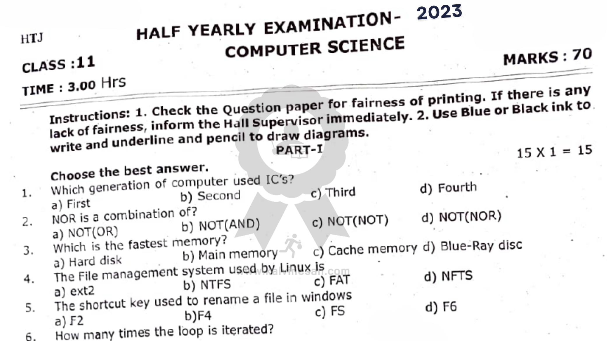 class 11 computer science half yearly question paper 2023