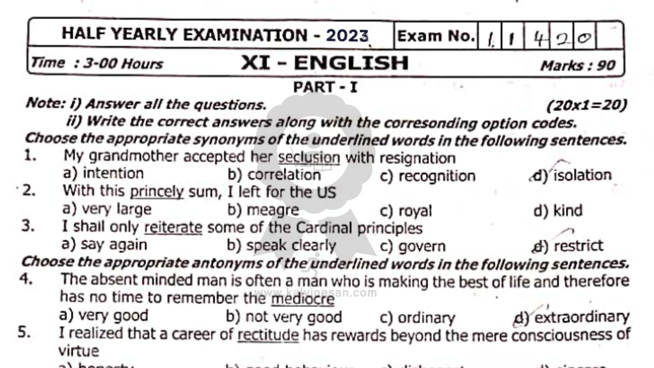 class 11 english question paper 2023 with answers half yearly