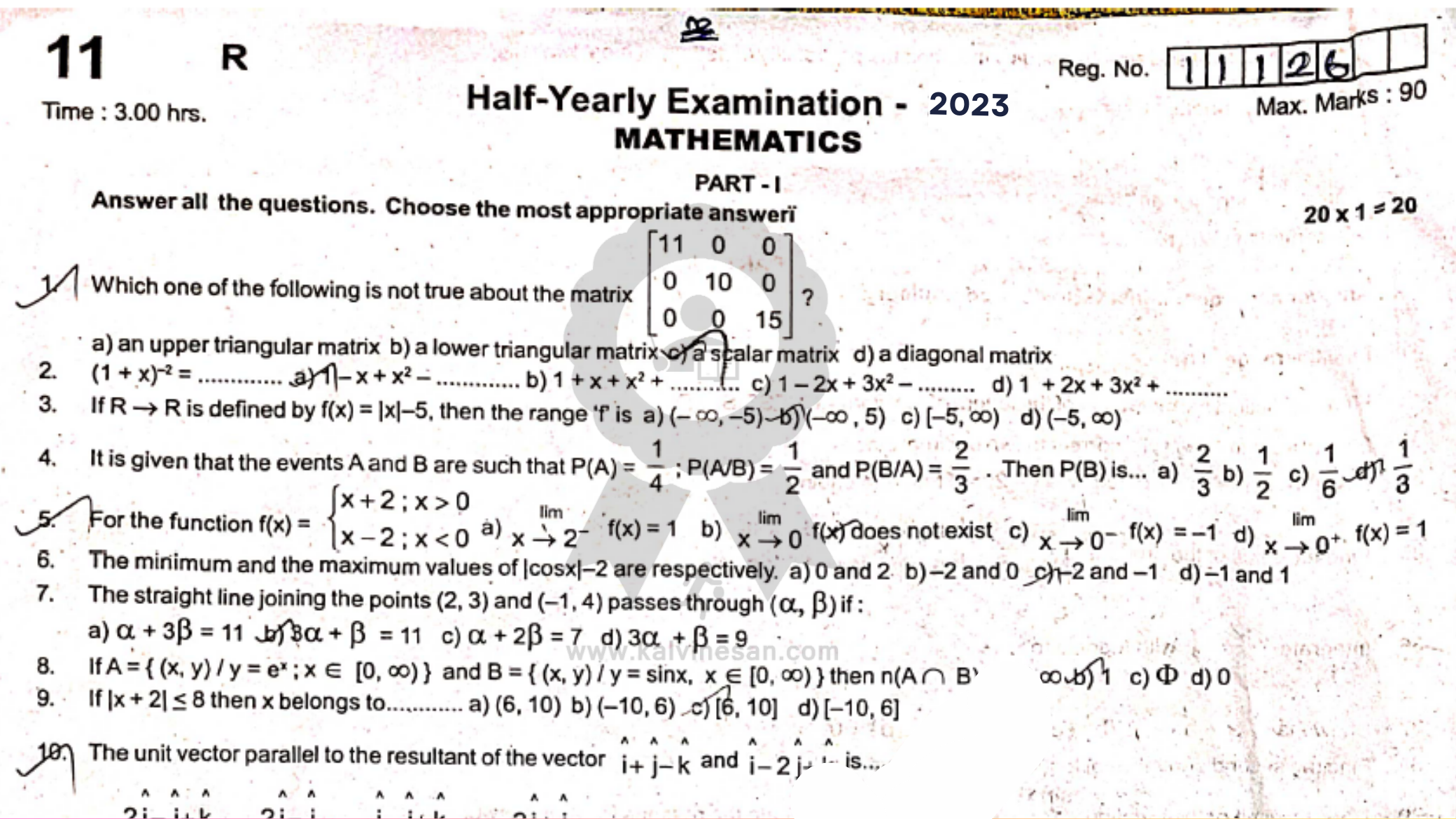 class 11 maths question paper 2023 half yearly